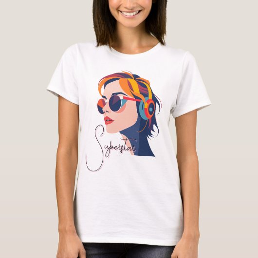 Trendy Pop Art Vrouw met Hoofdtelefoon T-shirt (Voorkant)
