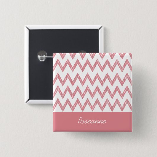 Trendy potlood roze Chevron zigzags met naam Vierkante Button 5,1 Cm (Voorkant /achterkant)
