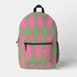 Trendy Preppy Roze Groene Argyle Monogram Initiale Bedrukte Rugzak