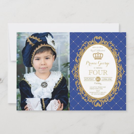Trendy Prince Verjaardag Royal Blue Gold Party Fot Kaart (Voorkant)