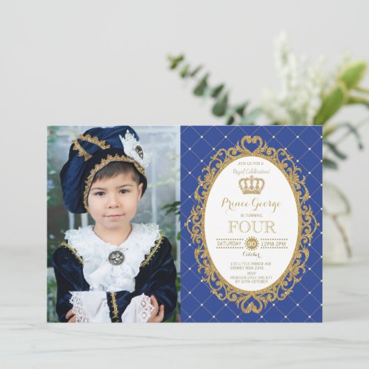 Trendy Prince Verjaardag Royal Blue Gold Party Fot Kaart (Staand voorkant)