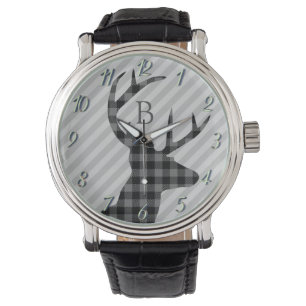 Trendy Pset Deer en Grey Striped Monogrammed Horloge