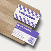 Trendy Purple Retro Check Pattern with QR Code Visitekaartje