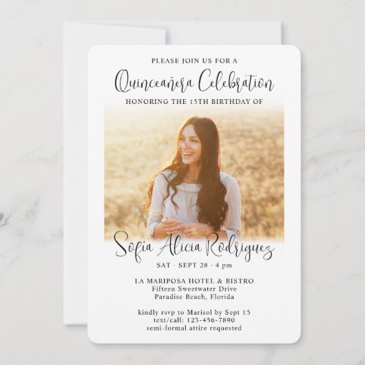 Trendy Quinceañera Script 2 Foto 15e verjaardag Kaart (Achterkant)