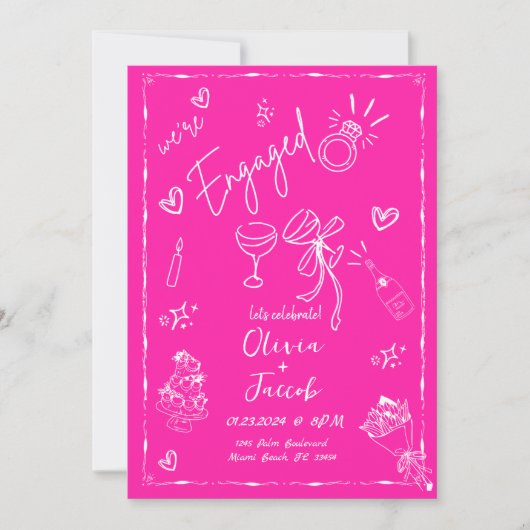 Trendy Quirky Hot Pink Hand getrokken verlovingsfe Kaart (Voorkant)