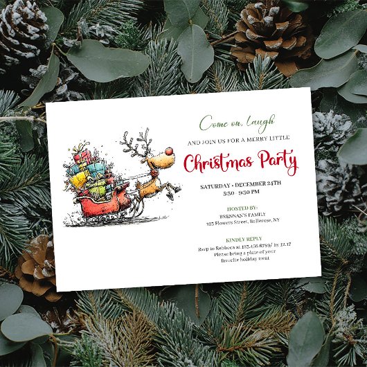 Trendy quirky reindeer Christmas party invite Kaart