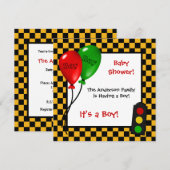 Trendy Race Car Checkers Boy Baby shower Kaart (Voorkant / Achterkant)