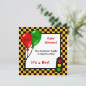Trendy Race Car Checkers Boy Baby shower Kaart (Staand voorkant)