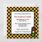 Trendy Race Car Checkers Boy Baby shower Kaart (Achterkant)