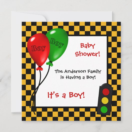 Trendy Race Car Checkers Boy Baby shower Kaart (Voorkant)
