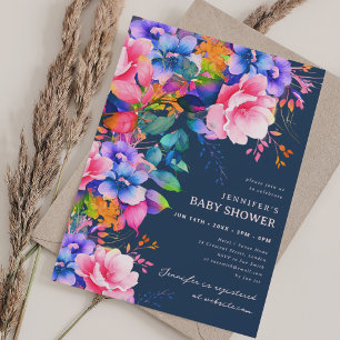 Trendy Rainbow Garden Floral Baby shower Navy Kaart