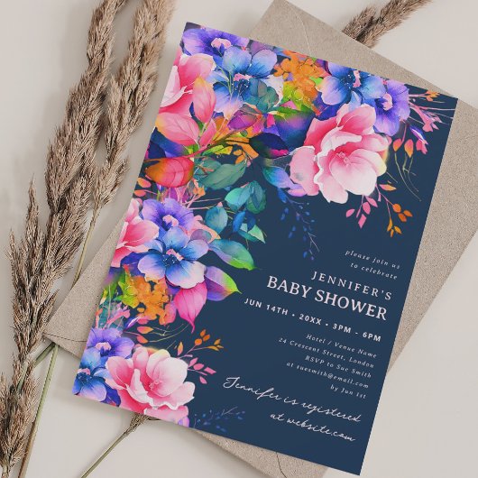 Trendy Rainbow Garden Floral Baby shower Navy Kaart