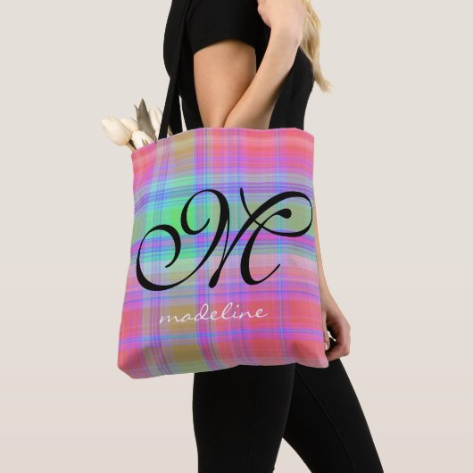 Trendy Rainbow Pset Stripes Girly Script Monogram Tote Bag (Dichtbij)