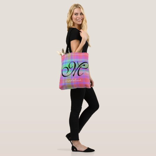 Trendy Rainbow Pset Stripes Girly Script Monogram Tote Bag (Op model)