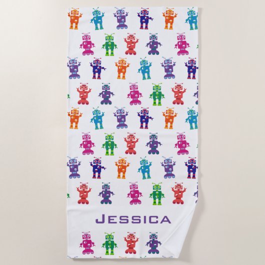 Trendy Rainbow Robots Pattern Personalized Kinder Strandlaken (Voorkant)