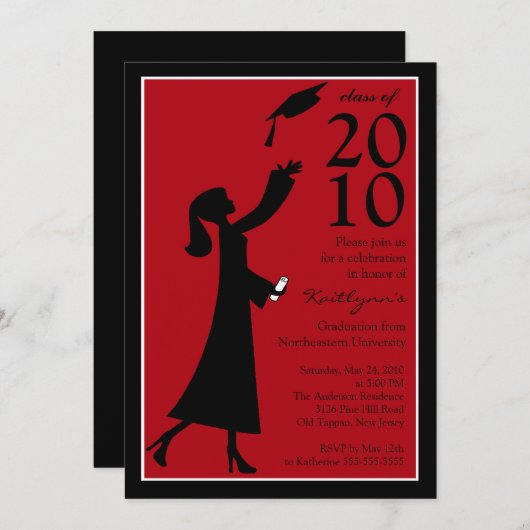 Trendy Red & Black Afstuderen Invitation Kaart (Voorkant / Achterkant)