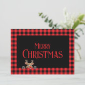 Trendy Red Black Buffalo Betaald Met Schattige Ren Feestdagenkaart (Staand voorkant)