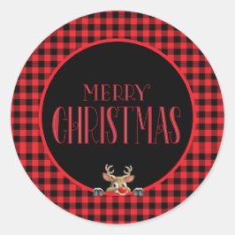 Trendy Red Black Buffalo Check met rendieren Ronde Sticker