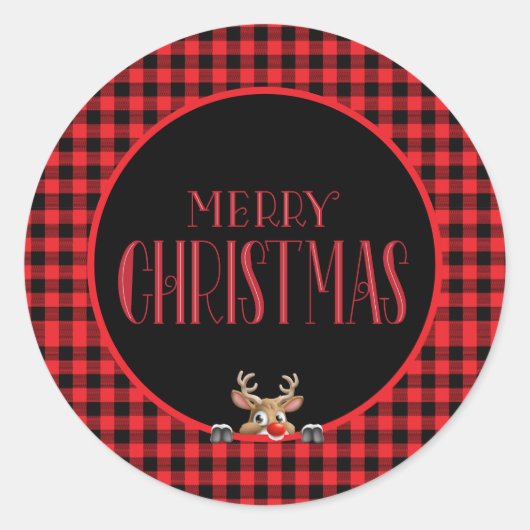 Trendy Red Black Buffalo Check met rendieren Ronde Sticker (Voorkant)