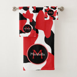 Trendy Red Black Cow Print Monogram Bad Handdoek