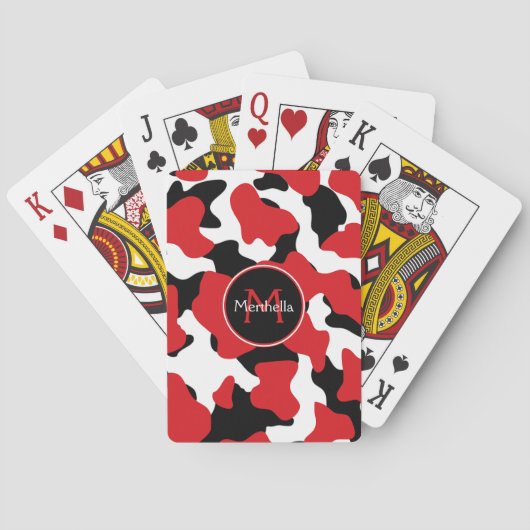 Trendy Red Black Cow Print Monogram Pokerkaarten (Achterkant)
