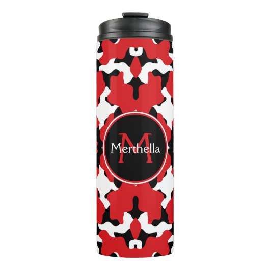 Trendy Red Black Cow Print Monogram Thermosbeker (Voorkant)
