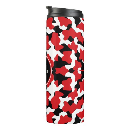 Trendy Red Black Cow Print Monogram Thermosbeker (Geroteerd rechts)