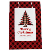 Trendy red black plaid Christmas bag editable name Medium Cadeauzakje (Voorkant)