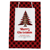 Trendy red black plaid Christmas bag editable name Medium Cadeauzakje (Achterkant)