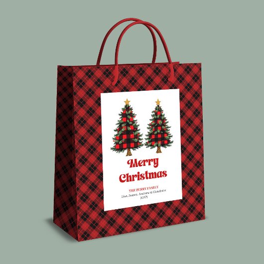 Trendy red black tartan Christmas bag editable Medium Cadeauzakje