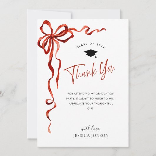 Trendy Red Bow Coquette FOTO Afstuderen Bedankkaart (Voorkant)