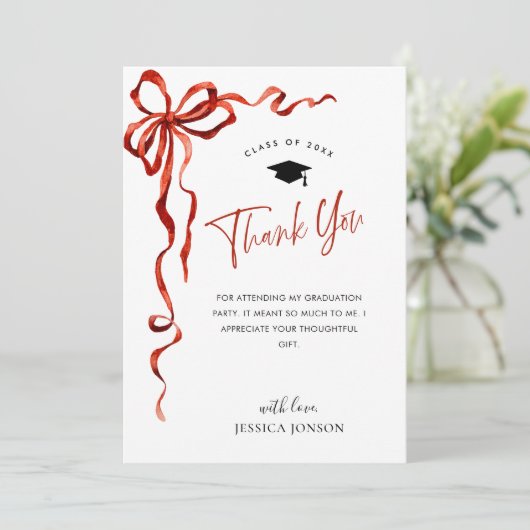 Trendy Red Bow Coquette FOTO Afstuderen Bedankkaart (Staand voorkant)