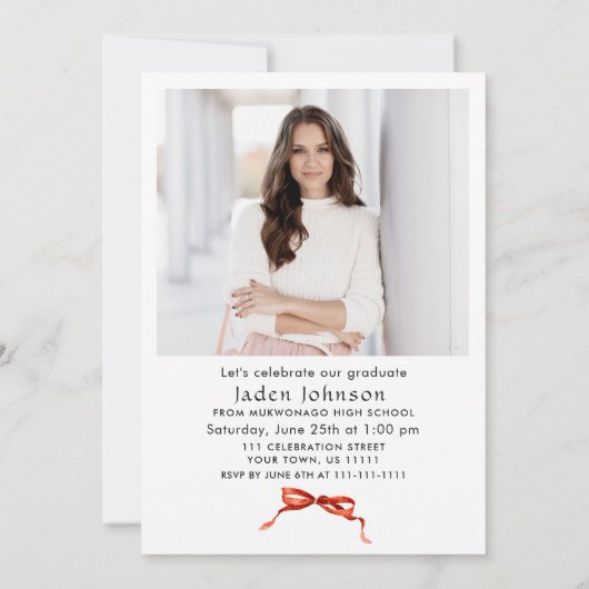 Trendy Red Bow Ribbon 2 FOTO Afstudeerfeest Kaart (Achterkant)
