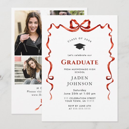 Trendy Red Bow Ribbon 4 FOTO Afstudeerfeest Kaart (Voorkant / Achterkant)