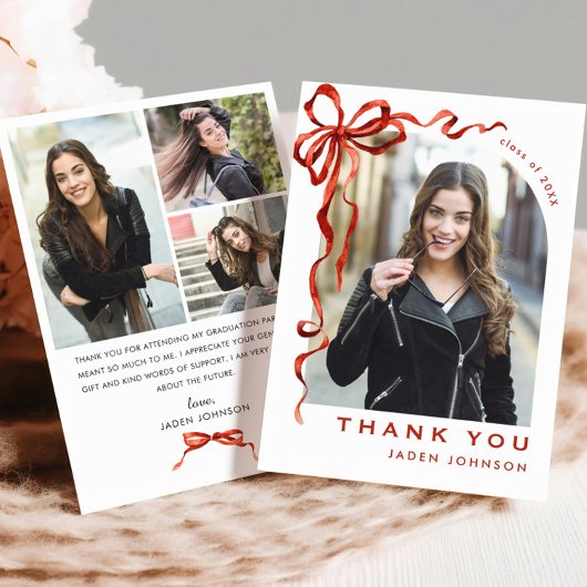 Trendy Red Bow Ribbon 4 FOTO Afstuderen Bedankkaart