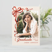 Trendy Red Bow Ribbon 5 FOTO Afstudeerfeest Kaart (Staand voorkant)