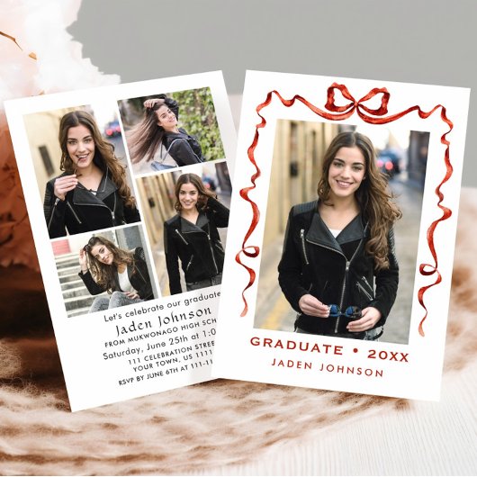 Trendy Red Bow Ribbon 5 FOTO Afstudeerfeest Kaart