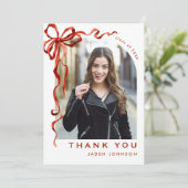 Trendy Red Bow Ribbon 5 FOTO Afstuderen Bedankkaart (Staand voorkant)