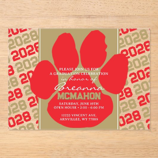 Trendy Red & Bronze Gold Afstuderen Pawprint Clear Acryl Uitnodigingen (Voorkant)