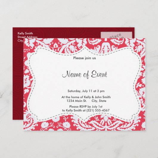 Trendy Red Damask Pattern Uitnodiging Briefkaart (Voorkant / Achterkant)