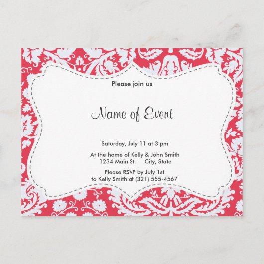 Trendy Red Damask Pattern Uitnodiging Briefkaart (Voorkant)