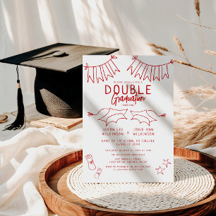 Trendy Red Doodle Double Graduation Party Kaart
