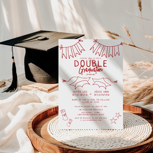 Trendy Red Doodle Double Graduation Party Kaart