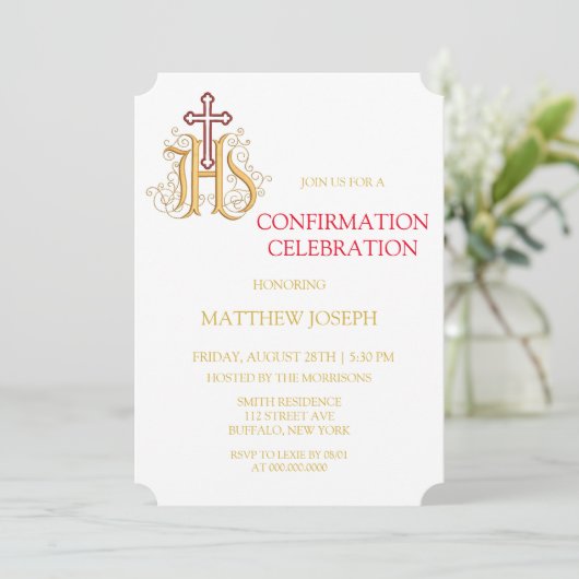 Trendy Red en Gold Flourish Confirmation Invitati Kaart (Staand voorkant)