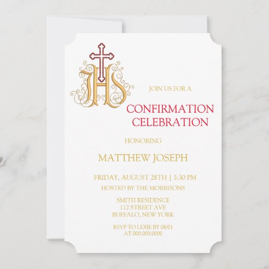 Trendy Red en Gold Flourish Confirmation Invitati Kaart (Voorkant)