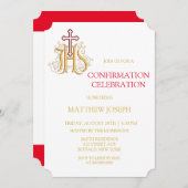 Trendy Red en Gold Flourish Confirmation Invitati Kaart (Voorkant / Achterkant)