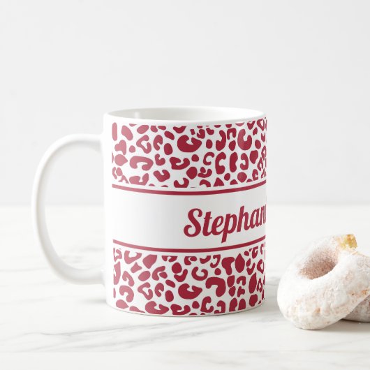 Trendy Red en White Leopard Print met naam Koffiemok (Met donut)