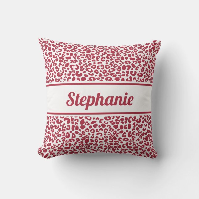 Trendy Red en White Leopard Print met naam Kussen (Voorkant)
