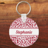 Trendy Red en White Leopard Print met naam Sleutelhanger (Voorkant)