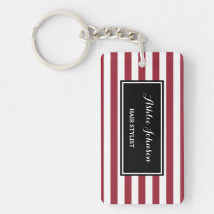 Trendy Red en White Stripes Salon Hair Stylist Sleutelhanger